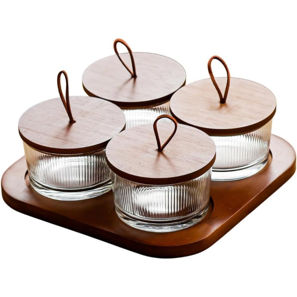 Wooden Snack Serving Tray divided Dishes with Lid Glass 4 grid